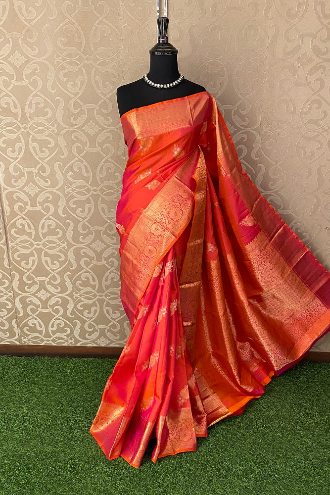 Orange & Magenta Pure Kanjeevaram Silk Saree, With Unstiched Blouse
