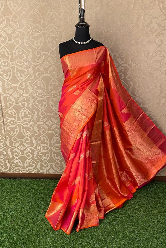 Orange & Magenta Pure Kanjeevaram Silk Saree, With Unstiched Blouse