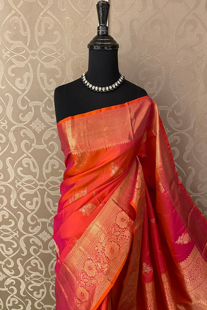 Orange & Magenta Pure Kanjeevaram Silk Saree, With Unstiched Blouse