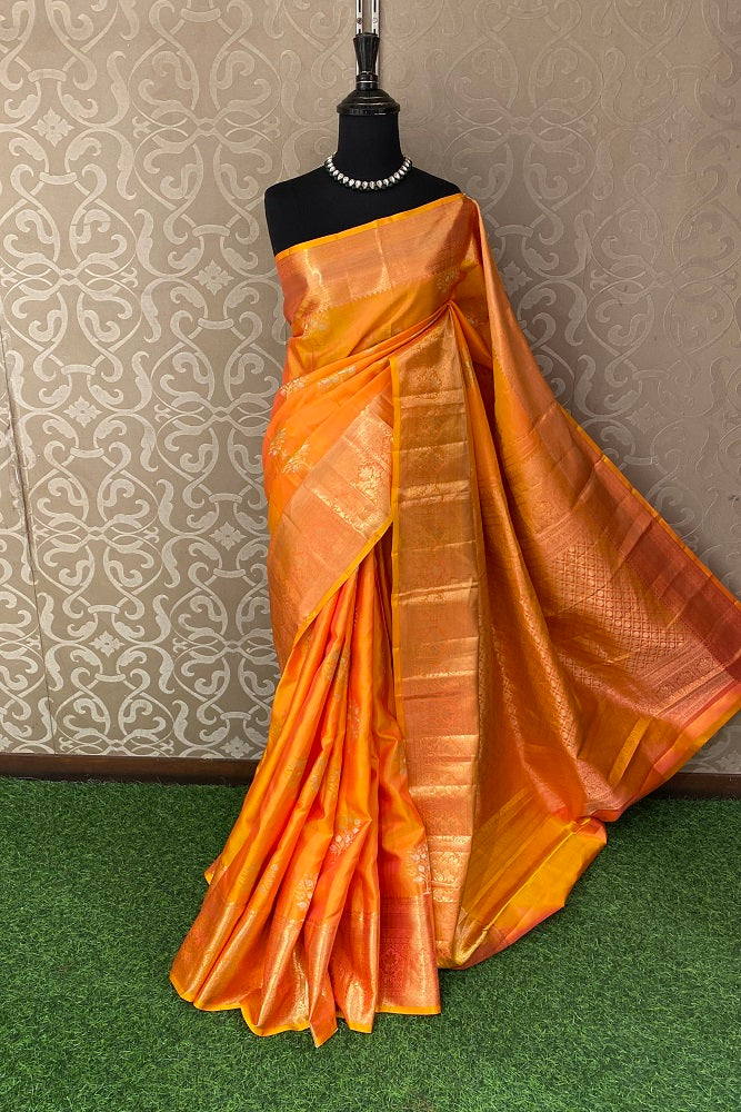 Orange Pure Kanjeevaram Silk Saree, With Unstiched Blouse