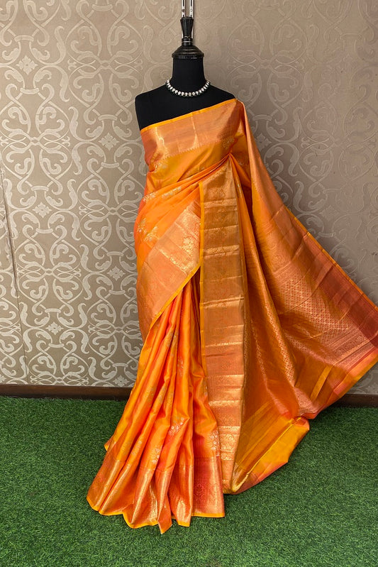 Orange Pure Kanjeevaram Silk Saree, With Unstiched Blouse