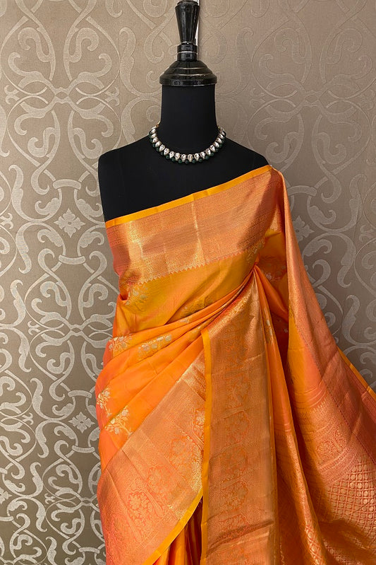 Orange Pure Kanjeevaram Silk Saree, With Unstiched Blouse
