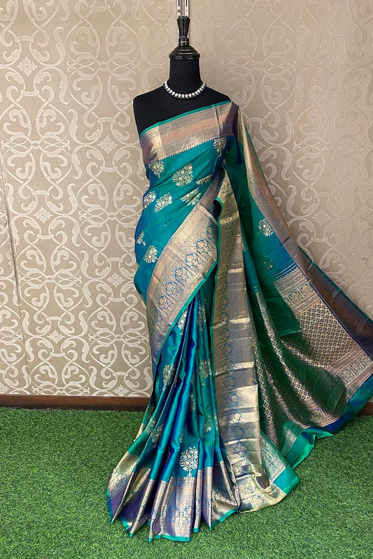 Greenish Blue Pure Kanjeevaram Silk Saree, With Unstiched Blouse