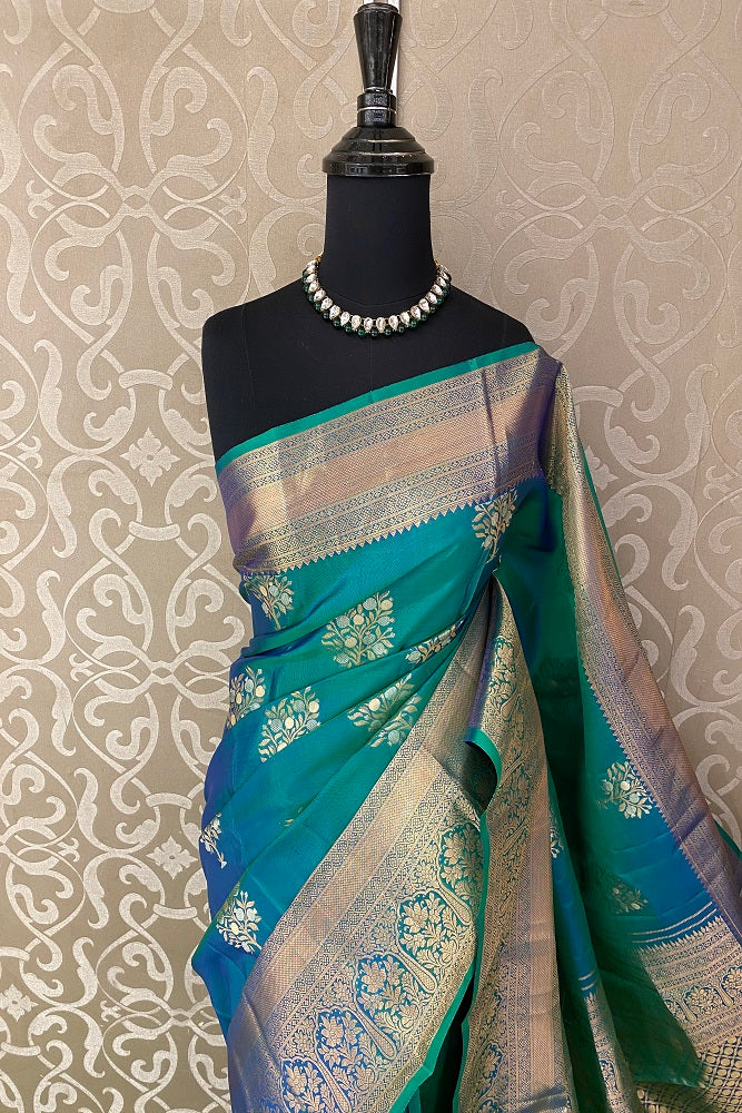 Greenish Blue Pure Kanjeevaram Silk Saree, With Unstiched Blouse