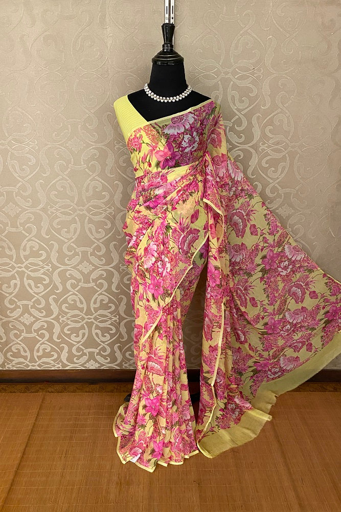Yellow Pink Floral Printed Chiffon Saree With Blouse Piece