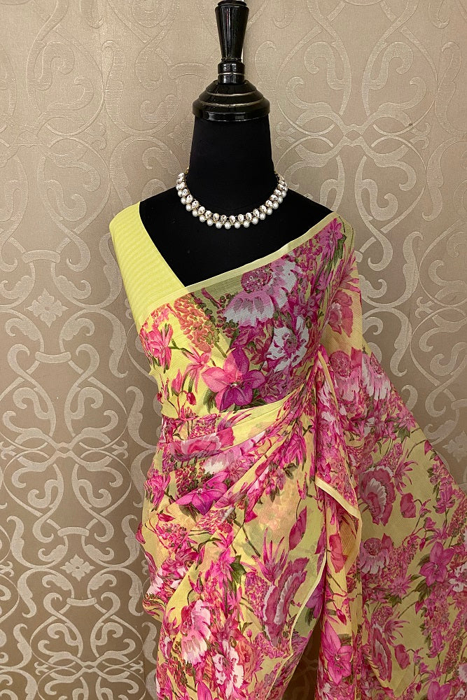 Yellow Pink Floral Printed Chiffon Saree With Blouse Piece