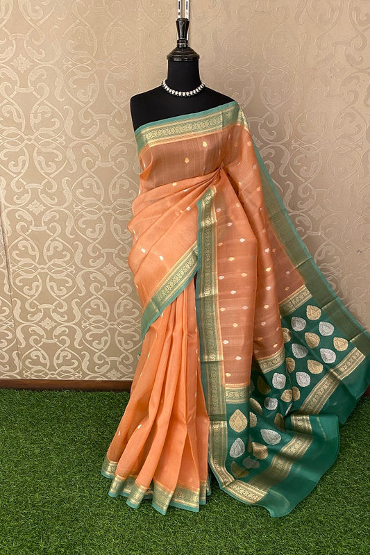 Peach KORA BANARASI SILK SAREE WITH BLOUSE PIECE
