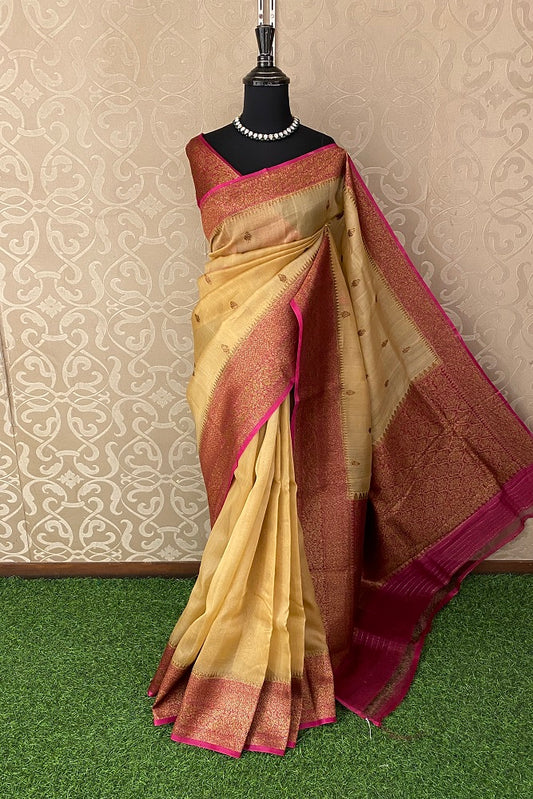Golden Beige Kora Banarasi Silk Saree, With Unstiched Blouse