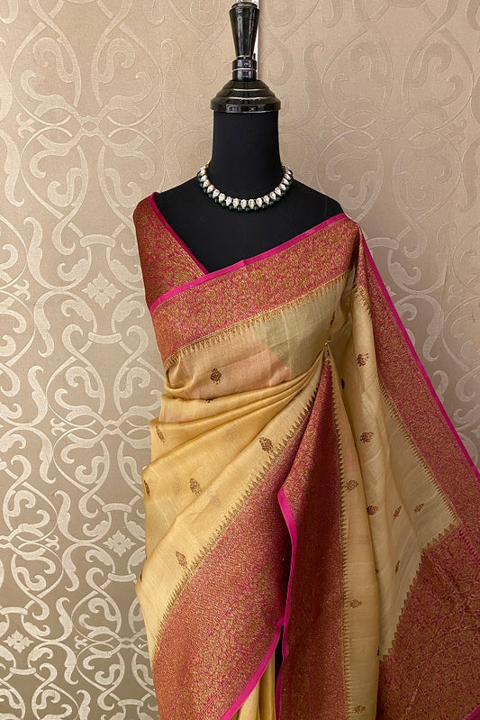 Golden Beige Kora Banarasi Silk Saree, With Unstiched Blouse