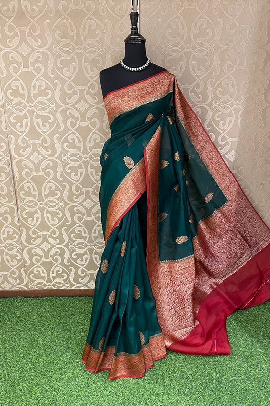 Bottle Green Kora Banarasi Silk Saree, With Unstiched Blouse