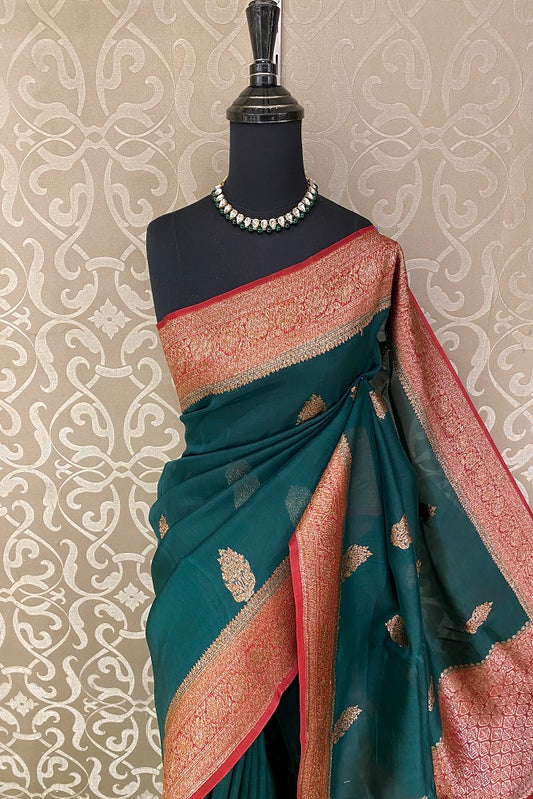 Bottle Green Kora Banarasi Silk Saree, With Unstiched Blouse