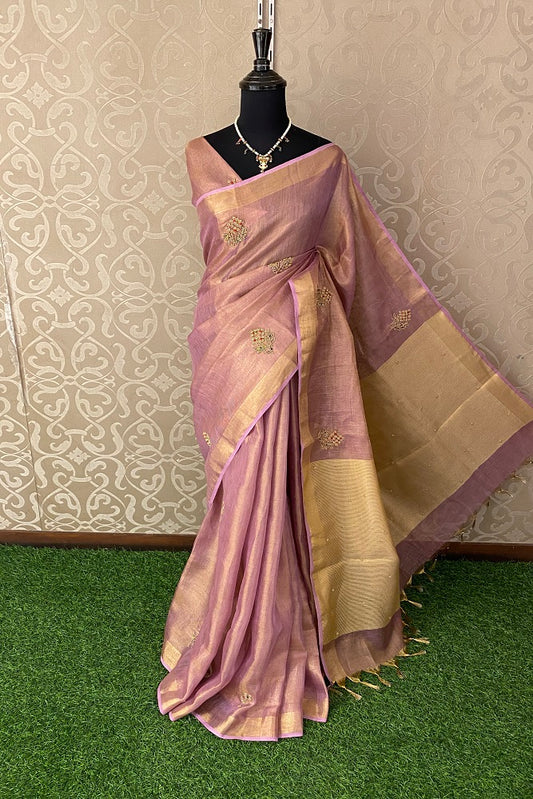 Lavender Linen Saree Hand Embroidered Butas Work  With Blouse Piece