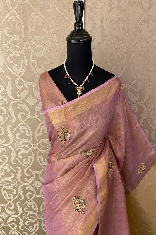 Lavender Linen Saree Hand Embroidered Butas Work  With Blouse Piece
