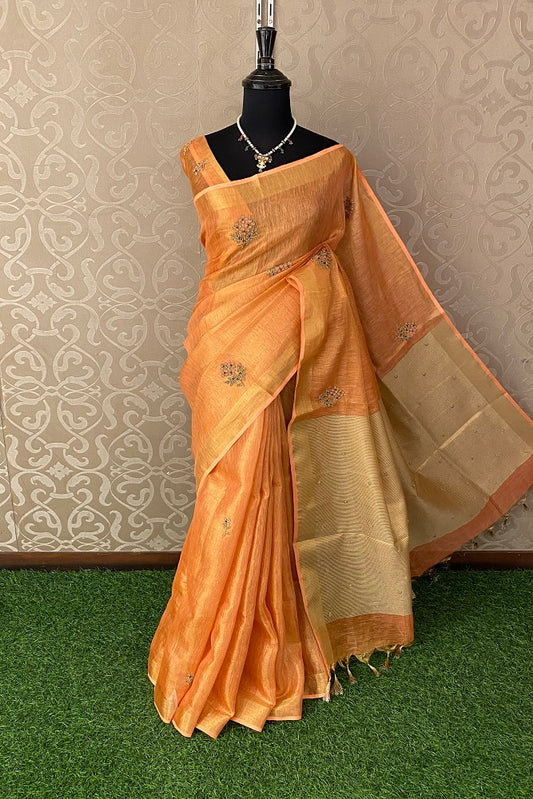 Peach Linen Saree Hand Embroidered Butas Work  With Blouse Piece