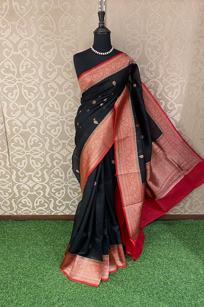 Black Kora Banarasi Silk Saree, With Unstiched Blouse