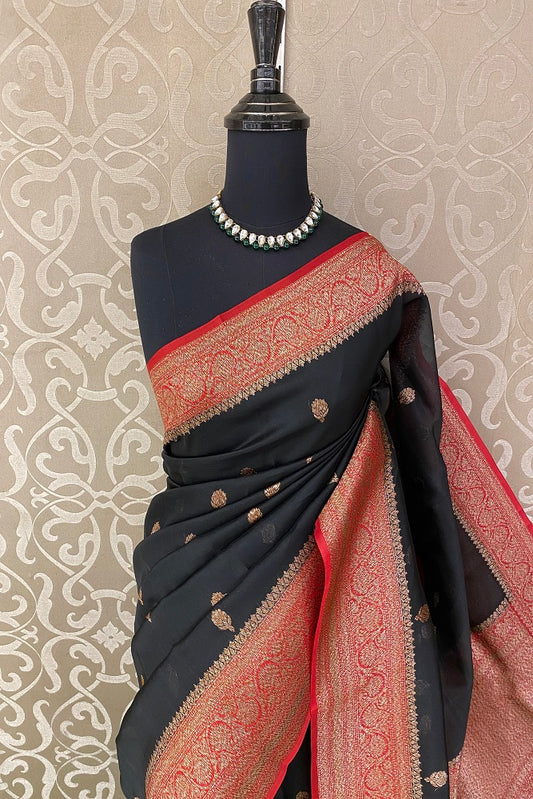 Black Kora Banarasi Silk Saree, With Unstiched Blouse