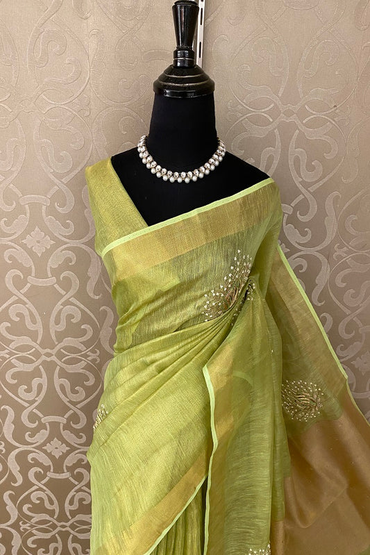 Green Linen Saree Hand Embroidered Butas Work  With Blouse Piece