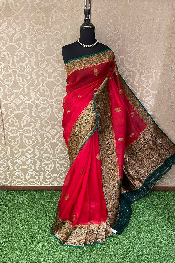Red Kora Banarasi Silk Saree, With Unstiched Blouse