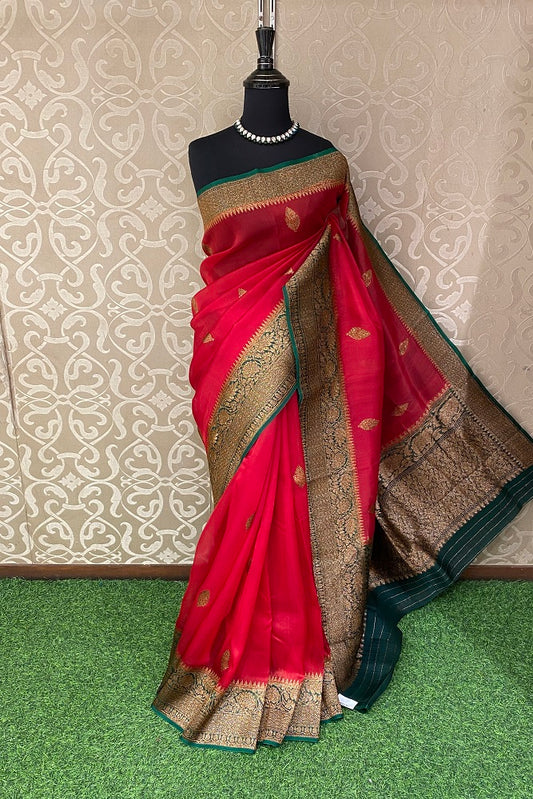Red Kora Banarasi Silk Saree, With Unstiched Blouse