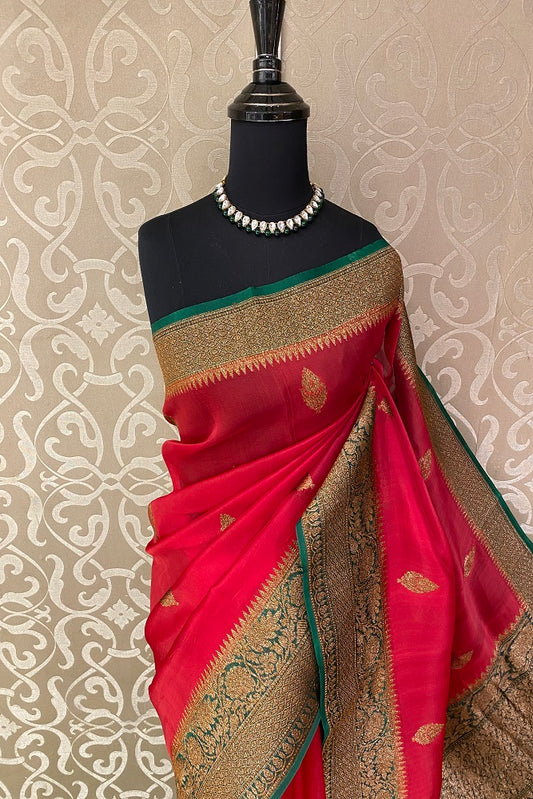 Red Kora Banarasi Silk Saree, With Unstiched Blouse