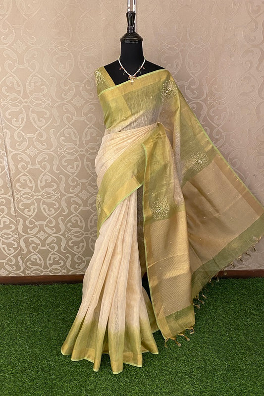 Offwhite & Green Linen Saree Hand Embroidered Butas Work  With Blouse Piece