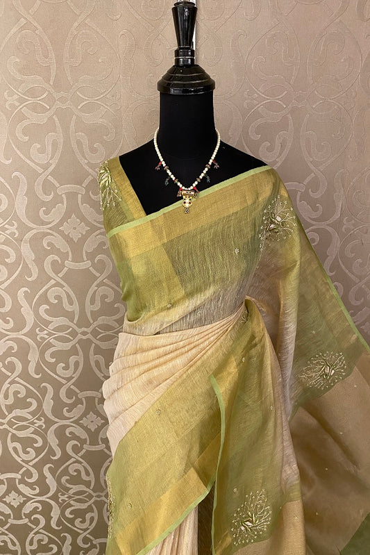 Offwhite & Green Linen Saree Hand Embroidered Butas Work  With Blouse Piece