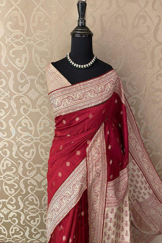 Maroon Munga Banarasi Silk Printed Saree With Resham Work, With Unstiched Blouse
