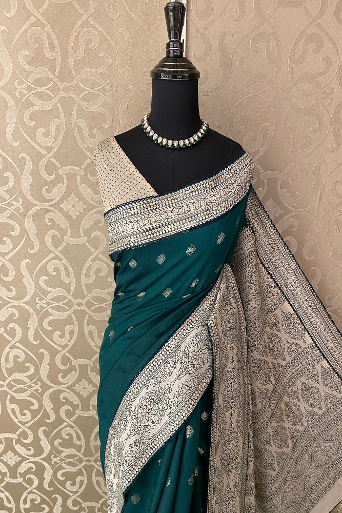 Deep Green Munga Banarasi Silk Printed Saree With Resham Work, With Unstiched Blouse