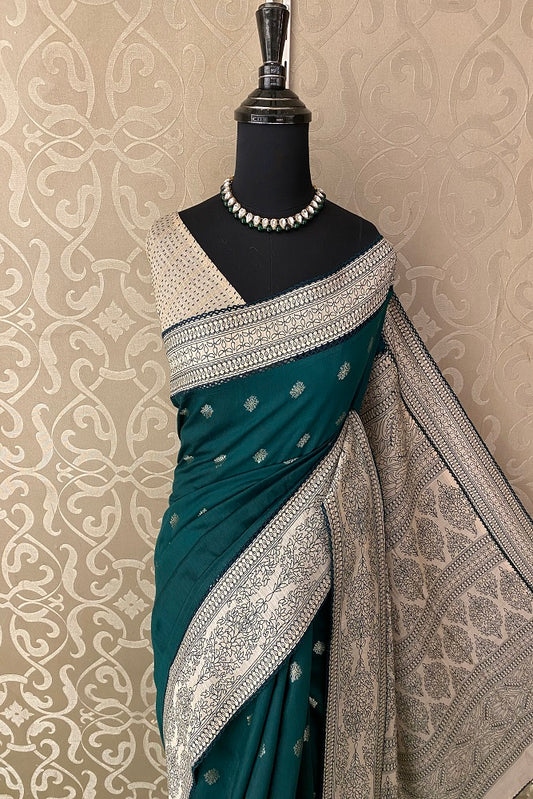 Deep Green Munga Banarasi Silk Printed Saree With Resham Work, With Unstiched Blouse