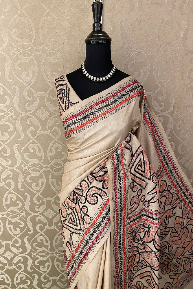 Offwhite Tussar Embroidery Saree With Kantha Work Border, With Unstitched Blouse