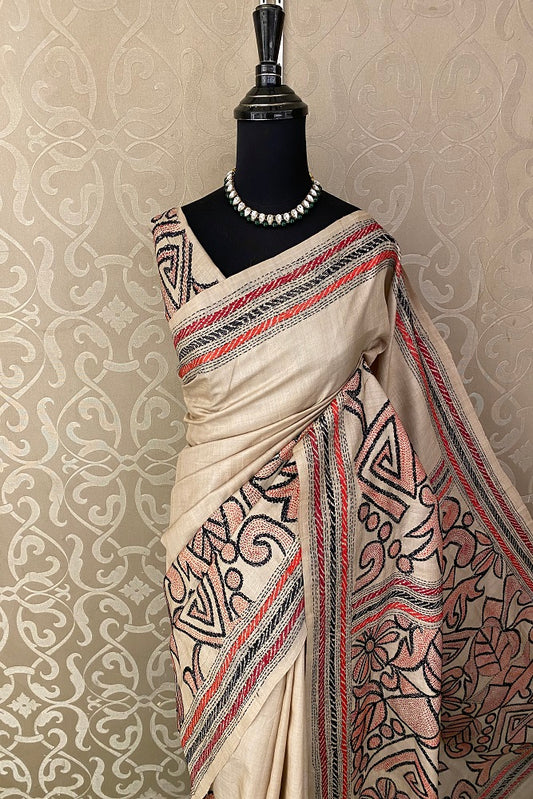 Offwhite Tussar Embroidery Saree With Kantha Work Border, With Unstitched Blouse