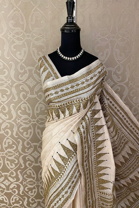Offwhite Tussar Embroidery Saree With Kantha Work Border, With Unstitched Blouse