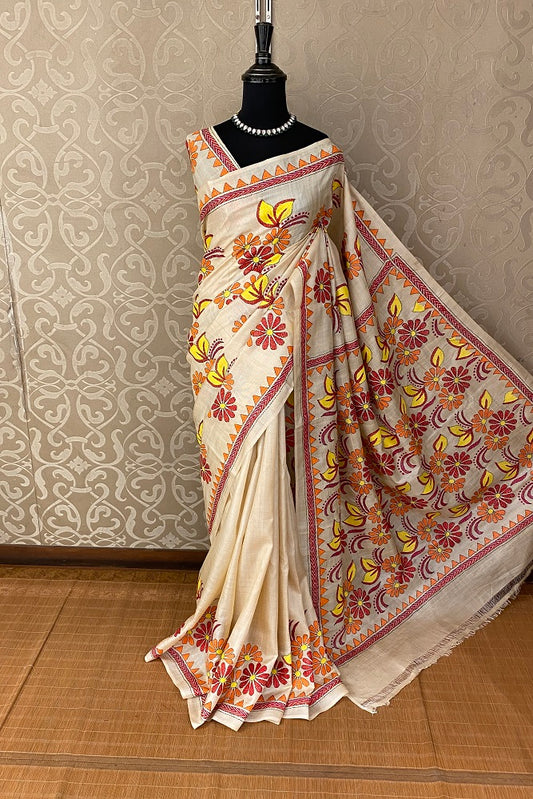 Offwhite Tussar Embroidery Saree With Kantha Work Border, With Unstitched Blouse