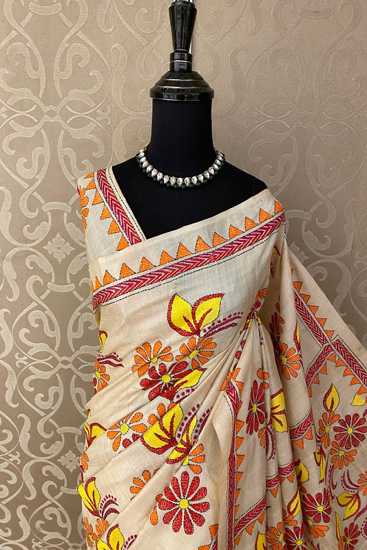Offwhite Tussar Embroidery Saree With Kantha Work Border, With Unstitched Blouse