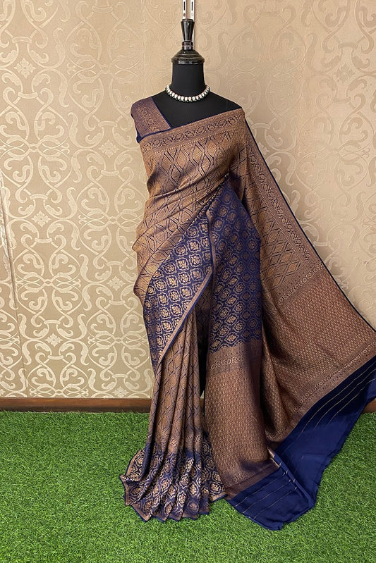 Deep Blue Banarasi Brocade Crepe Saree With Blouse piece.