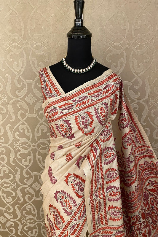 Offwhite Tussar Embroidery Saree With Kantha Work Border, With Unstitched Blouse