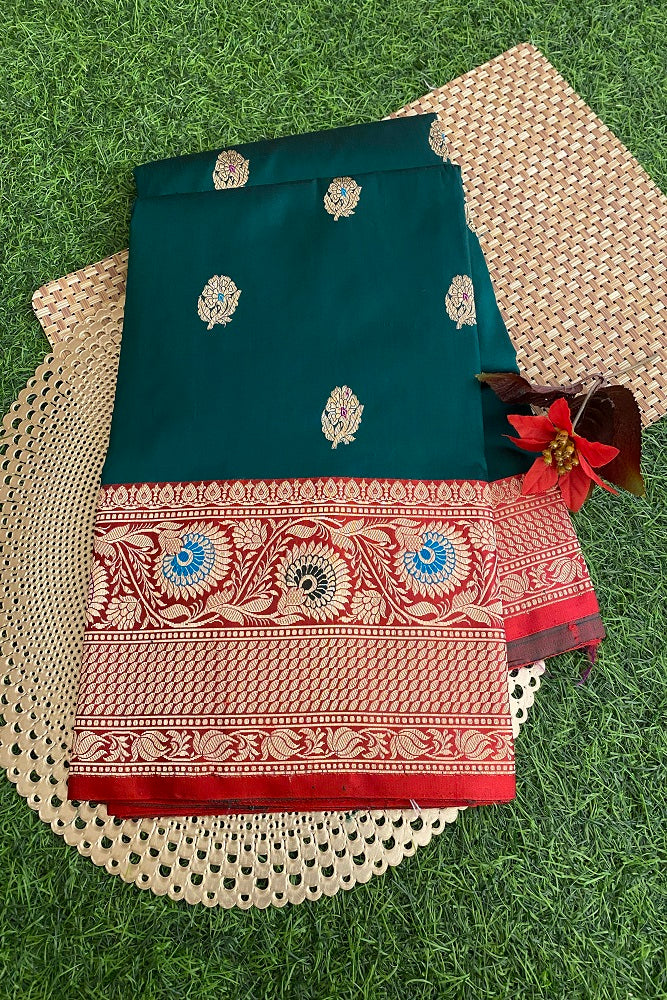 Green & Red Katan Silk Banarasi Hand Weaving Saree With Blouse