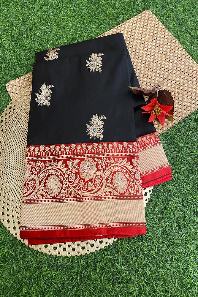 Black & Red Katan Silk Banarasi Hand Weaving Saree With Blouse