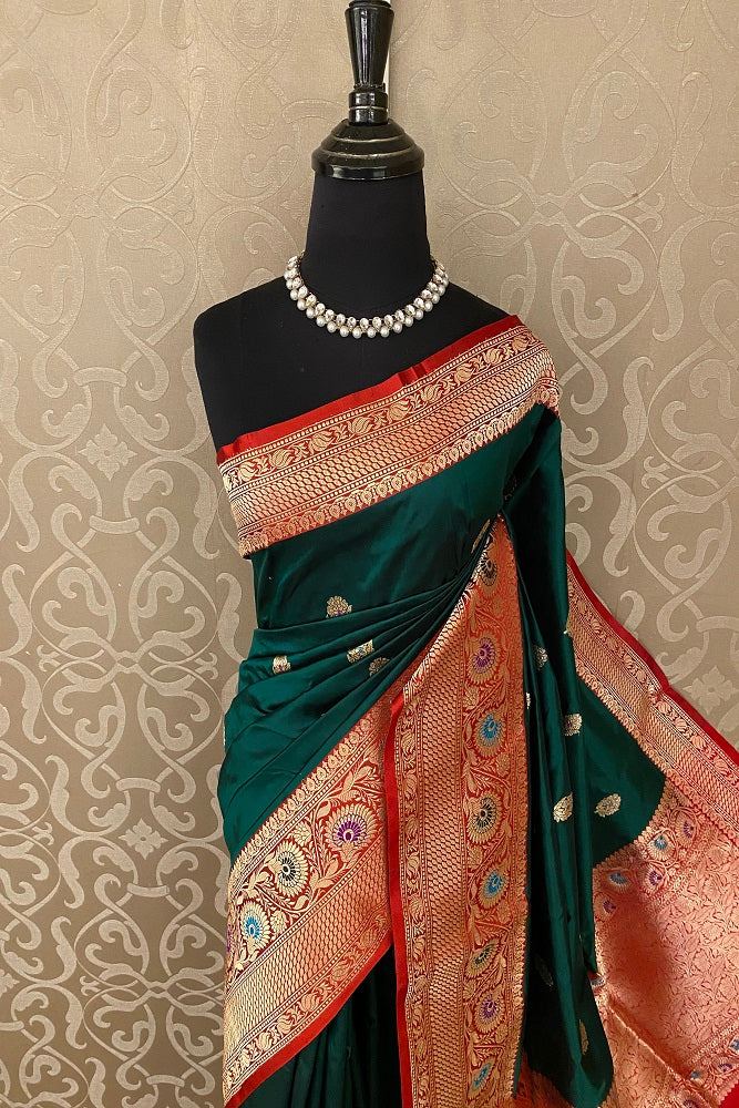 Green & Red Katan Silk Banarasi Hand Weaving Saree With Blouse