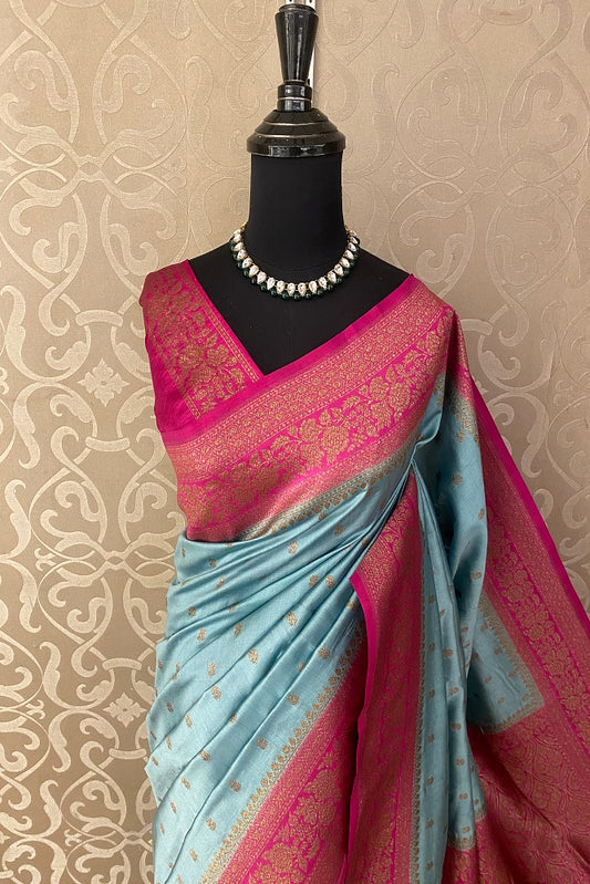 Firozi Blue Pure Munga Banarasi Silk Saree, Hand Woven Motifs With Unstiched Blouse