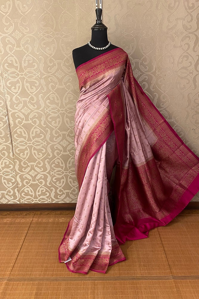 Onion Pink Pure Munga Banarasi Silk Saree, Hand Woven Motifs With Unstiched Blouse