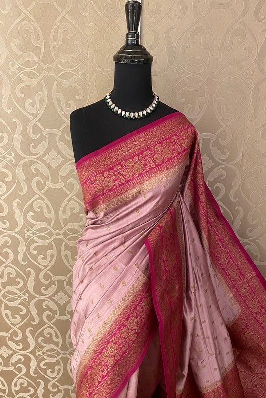 Onion Pink Pure Munga Banarasi Silk Saree, Hand Woven Motifs With Unstiched Blouse