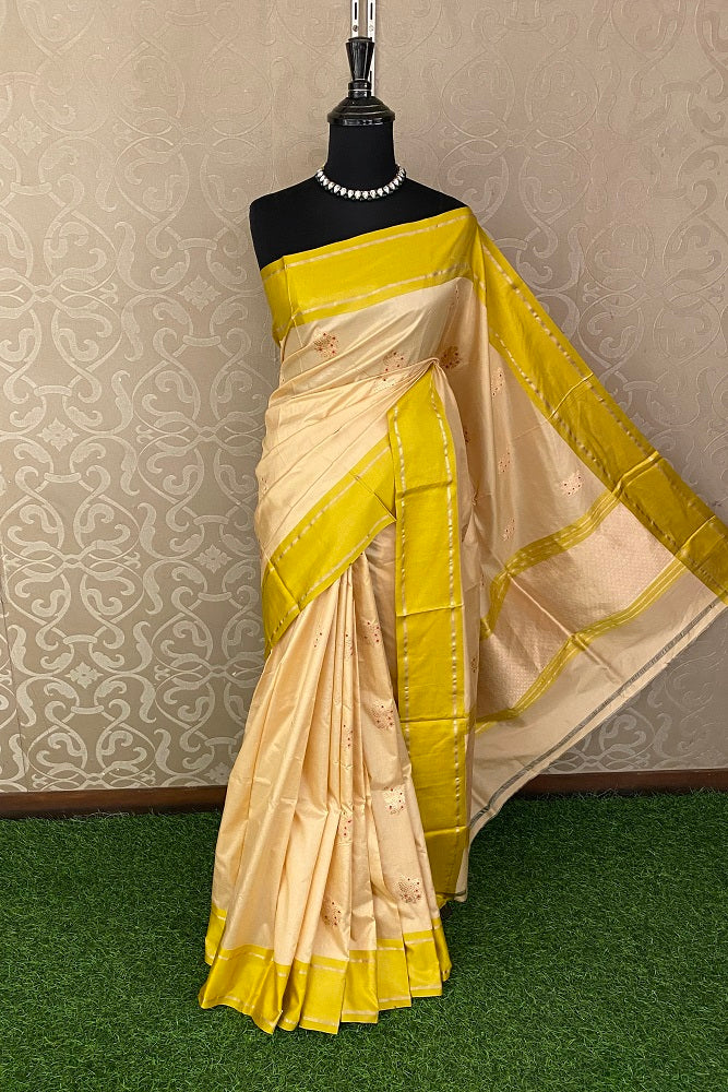 Cream Katan Silk Banarasi Hand Weaving Saree With Blouse