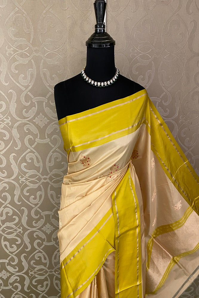 Cream Katan Silk Banarasi Hand Weaving Saree With Blouse