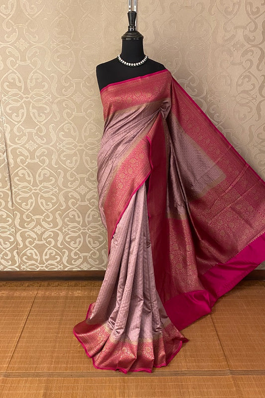 Mauve Pure Munga Banarasi Silk Saree, Hand Woven Motifs With Unstiched Blouse