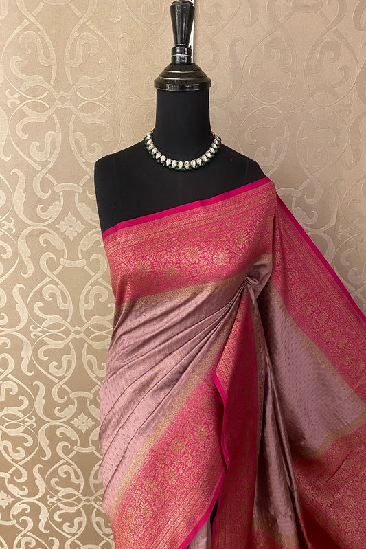 Mauve Pure Munga Banarasi Silk Saree, Hand Woven Motifs With Unstiched Blouse