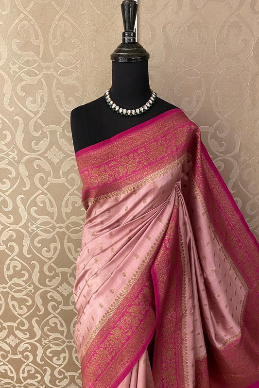 Pink Pure Munga Banarasi Silk Saree, Hand Woven Motifs With Unstiched Blouse