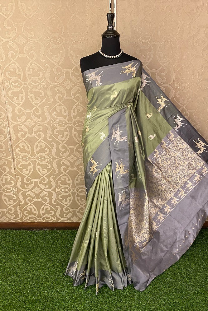 Olive Green Katan Silk Banarasi Hand Weaving Saree With Blouse