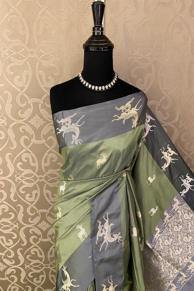 Olive Green Katan Silk Banarasi Hand Weaving Saree With Blouse