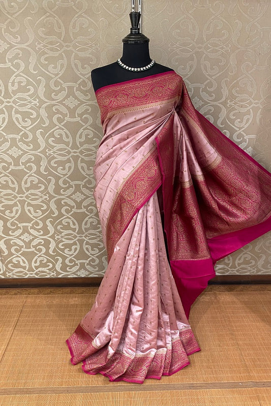 Peaches Pink Pure Munga Banarasi Silk Saree, Hand Woven Motifs With Unstiched Blouse